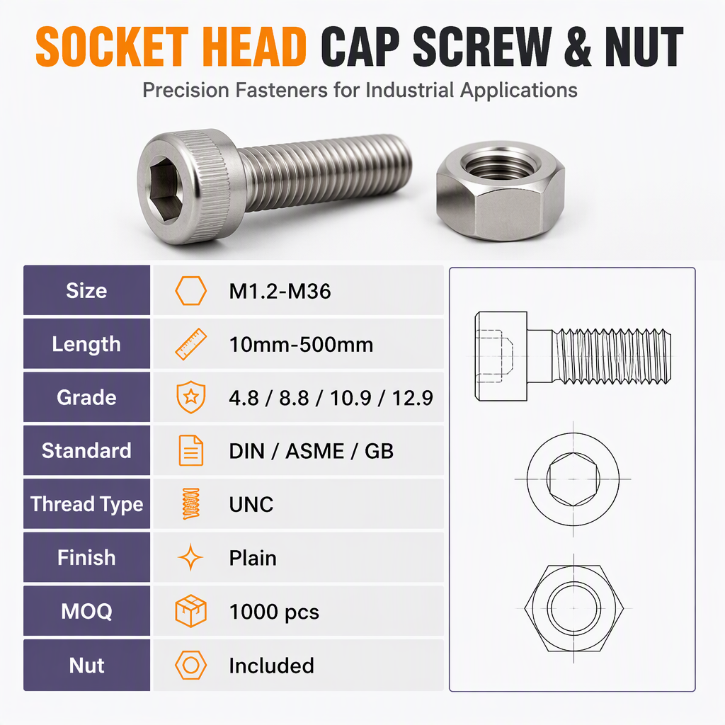 Stainless Steel M17 M32x2 M19 Bolt and Nut Socket Head DIN Standard Class 4.8 & 6.8 Plain Finish Building Bolt Nut specifications