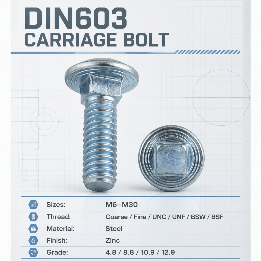 M6 M8 M10 M12 M14 M16 M18 M20 M22 M24 M27 M30 DIN603 Round Head Square Neck Bolt UNC Zinc Plated Galvanized Metric Carriage Bolt specifications