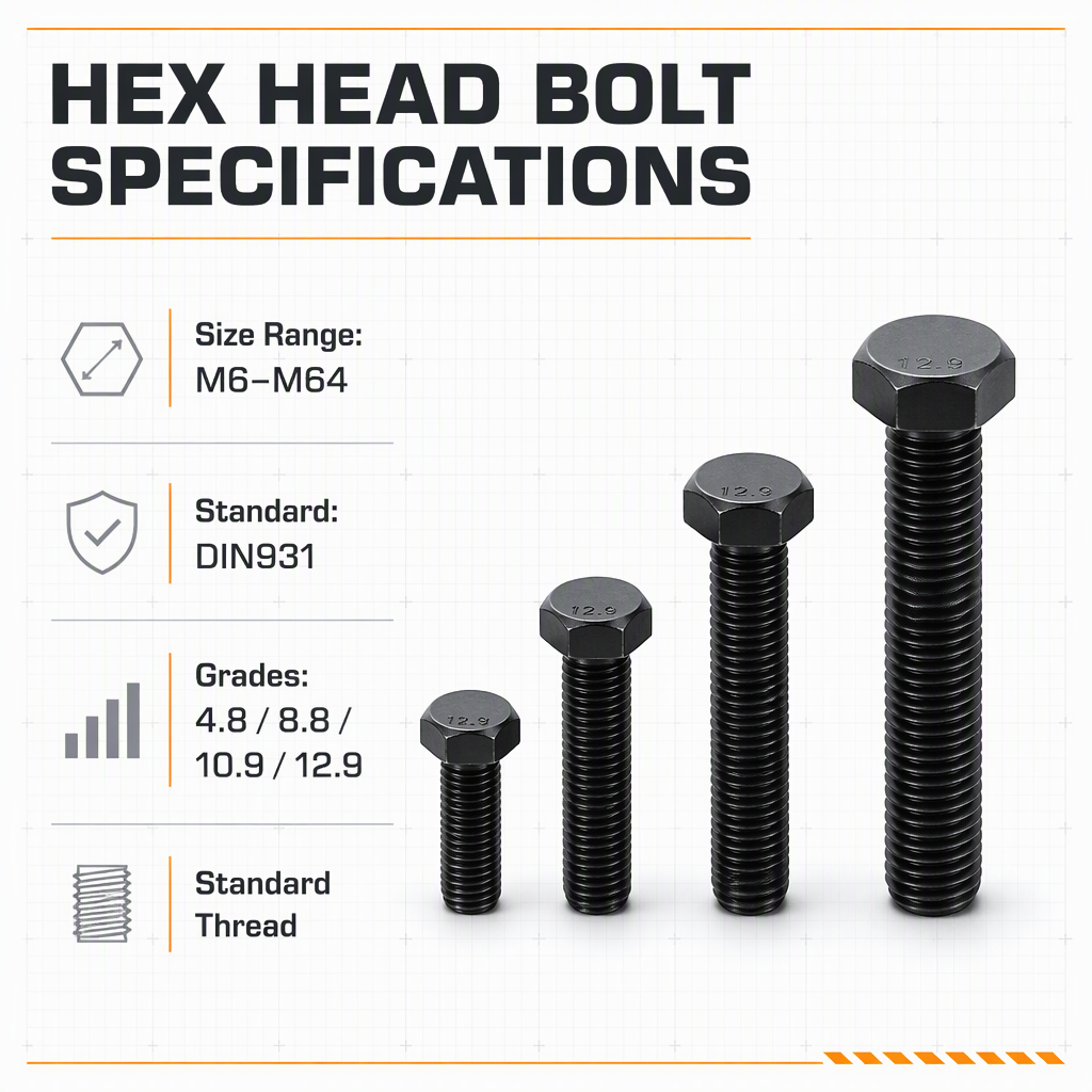 M6 M8 M10 M12 M14 M16 M18 M20 M22 M24 M27 M30 Hex Head Bolts 4.8 8.8 Grade Boulon Acier 12mmx100 Screw for Industrial Assembly specifications