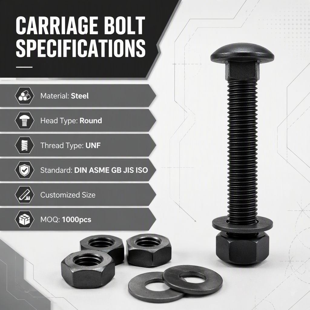 Heavy Duty Zinc Finish Steel M16 Carriage Bolt Full Thread Round Head Square Neck Grade 6 Carbon Steel Metric Black Oxide specifications