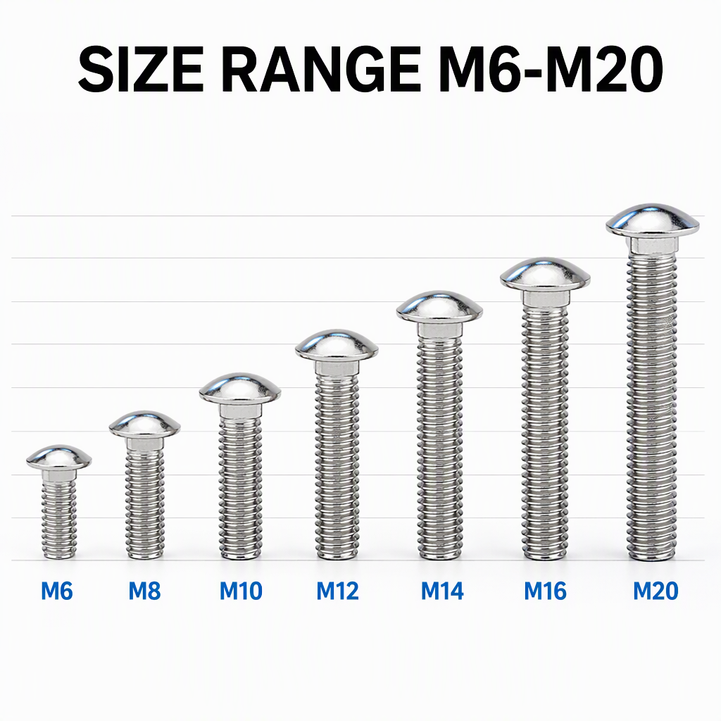 M6 M8 M10 M12 M14 M16 M20 Stainless Steel Carriage Bolt DIN603 SS304 SS316 Round Head Square Neck Bolt A2 A4 Coach Bolt specifications