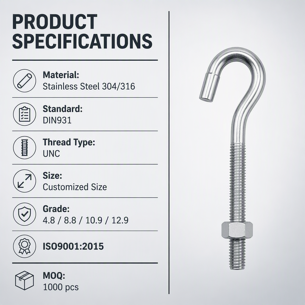 Bolts 304/316 Stainless Steel Dyna Foundation Screws Ground Pile Screws J Type Pernos Gancho with Nut and Washer specifications